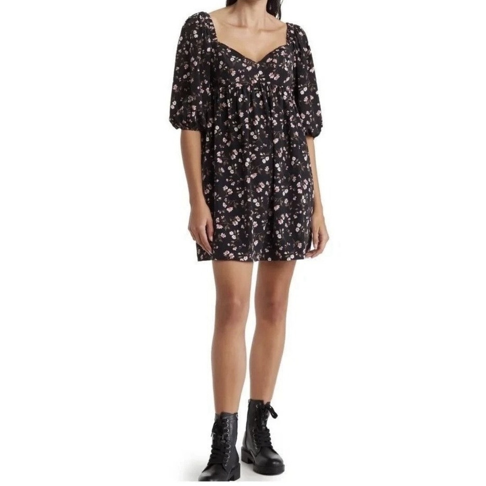 WAYF Floral Babydoll‎ Dress Black & Pink Peasant Sweetheart Mini Cottagecore